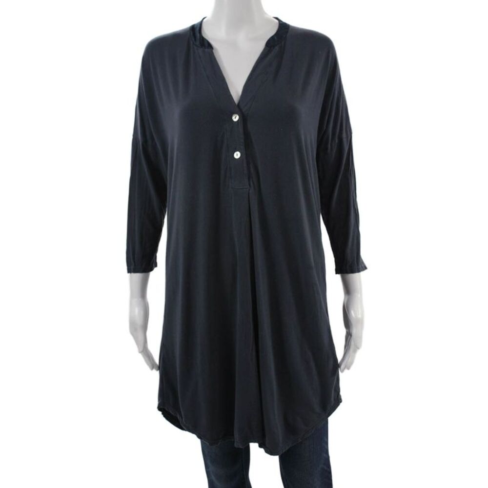 Fleurs Womens Dark Blue V-Neck Tunic Button-Up 3/4 Sleeve Size M